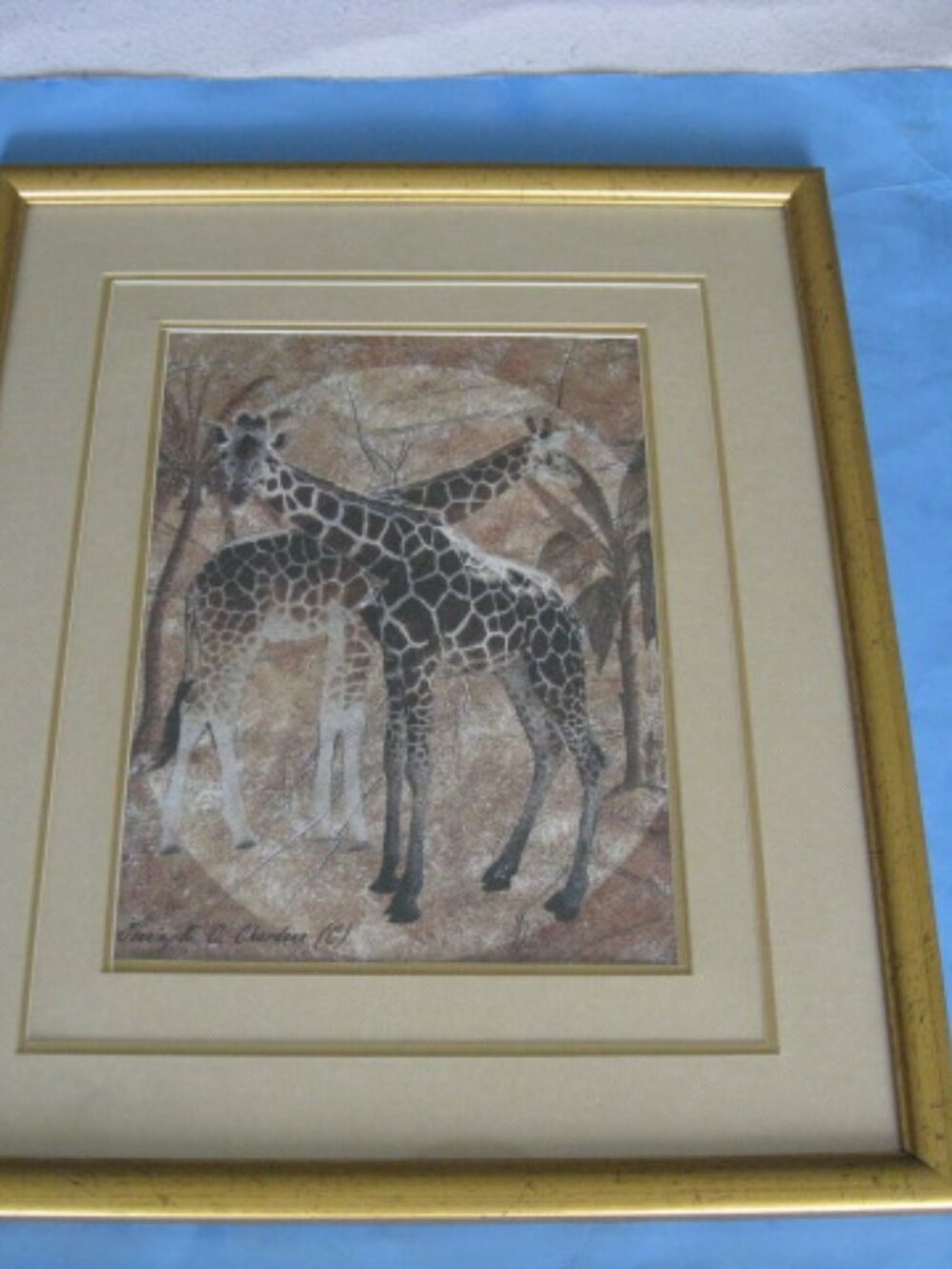 13" x 16" Wall Art African Wildlife Framed Giraffe Signed KC Chardonnay